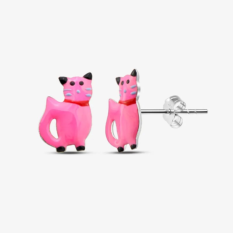 Pink Enamel Cat Childrens Silver Stud Earrings Whole Sale 925 Silver