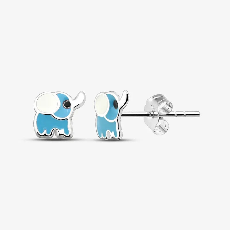 Enamel Blue Elephant Childrens Silver Stud Earrings Whole Sale 925 Silver
