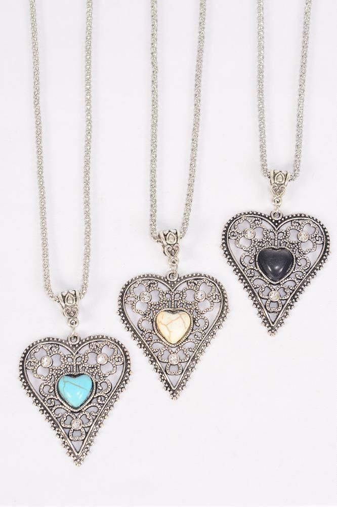 Necklace Silver Chain Metal Antique Filigree Heart Semiprecious Stone/DZ Pendant1.75" x 1.5