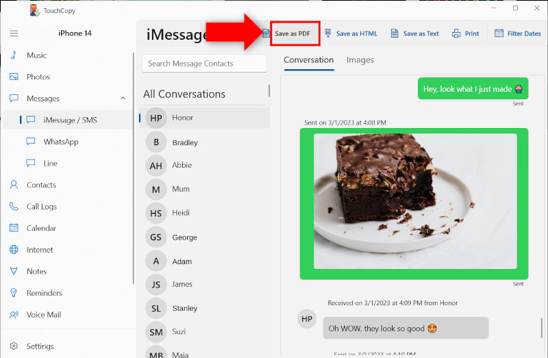 Save SMS, iMessage, WhatsApp messages as PDF