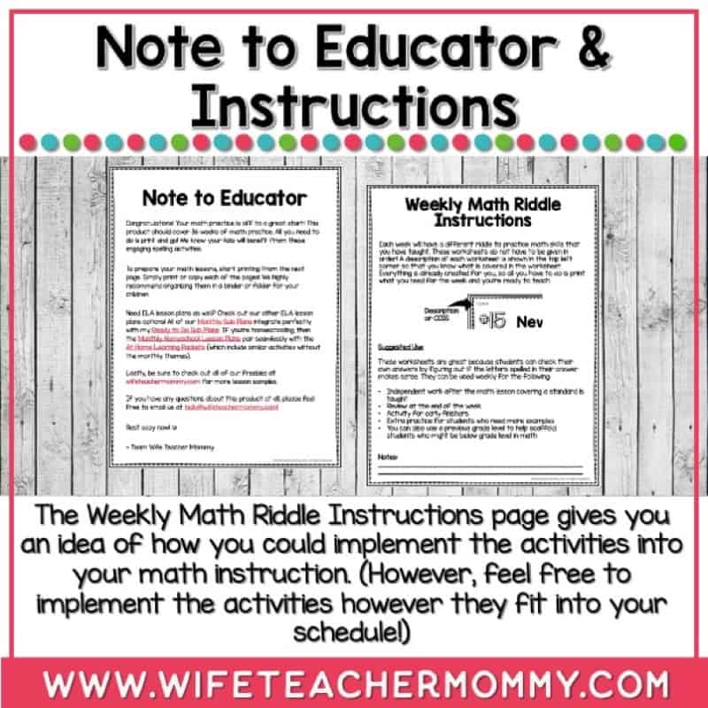 36 Weeks of Math Riddle Worksheets for 5th Grade