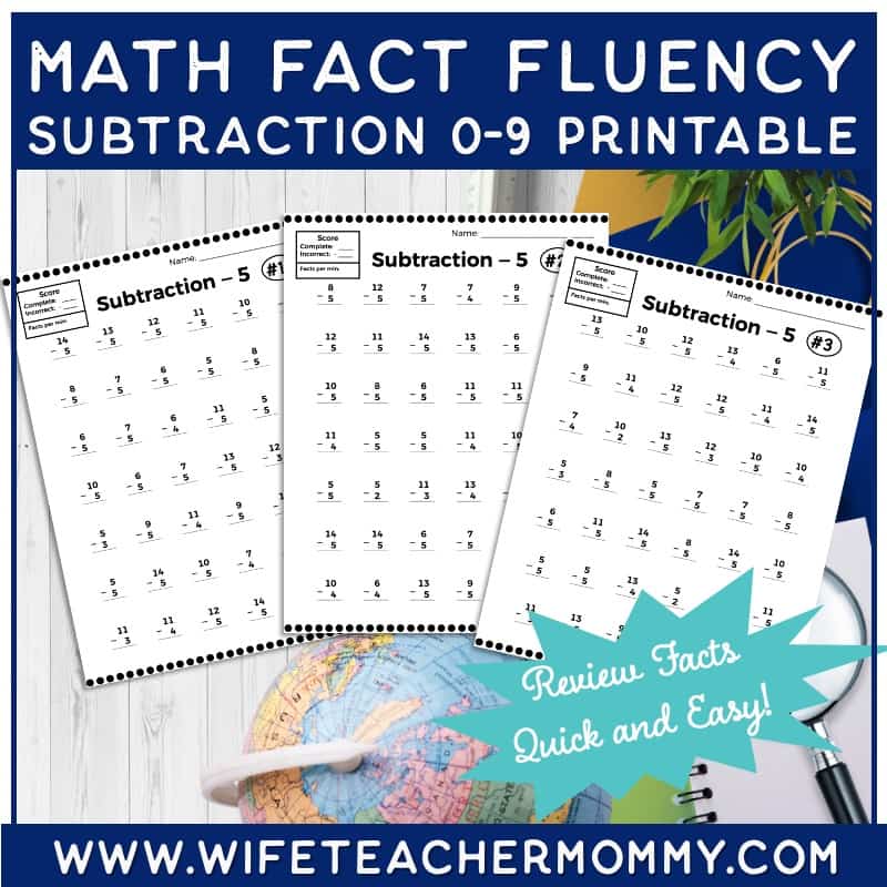 Math Fact Fluency Subtraction Facts 09 PRINTABLE Wife Teacher Mommy