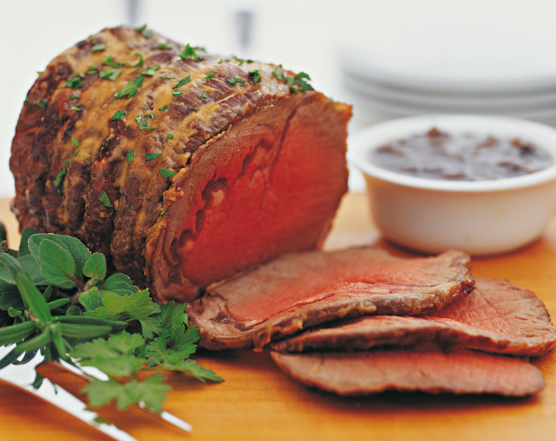 Roast Scotch Fillet of Beef with Mushroom Sauce and Roast Potatoes
