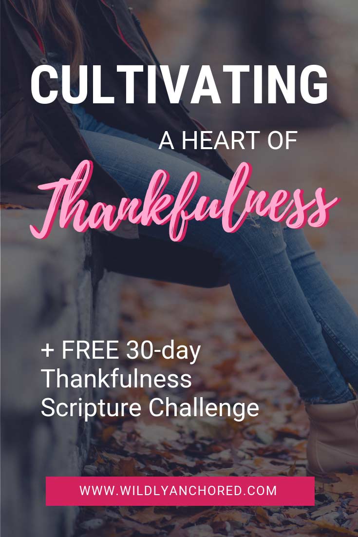 Cultivating a Heart of Thankfulness text with image background of someone sitting and leaves on the ground