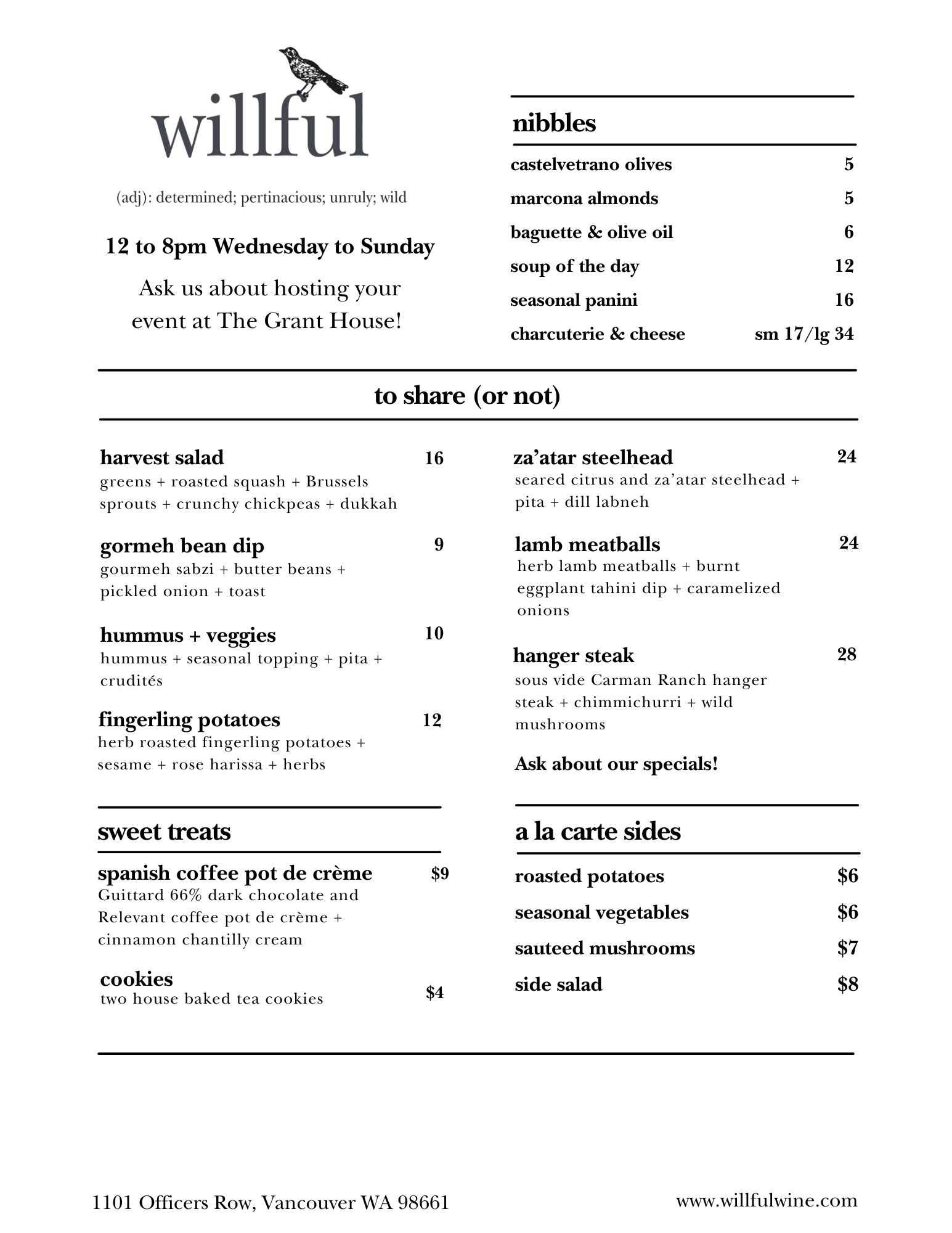 Willful Wine Co THE GRANT HOUSE GRANT HOUSE FOOD MENU
