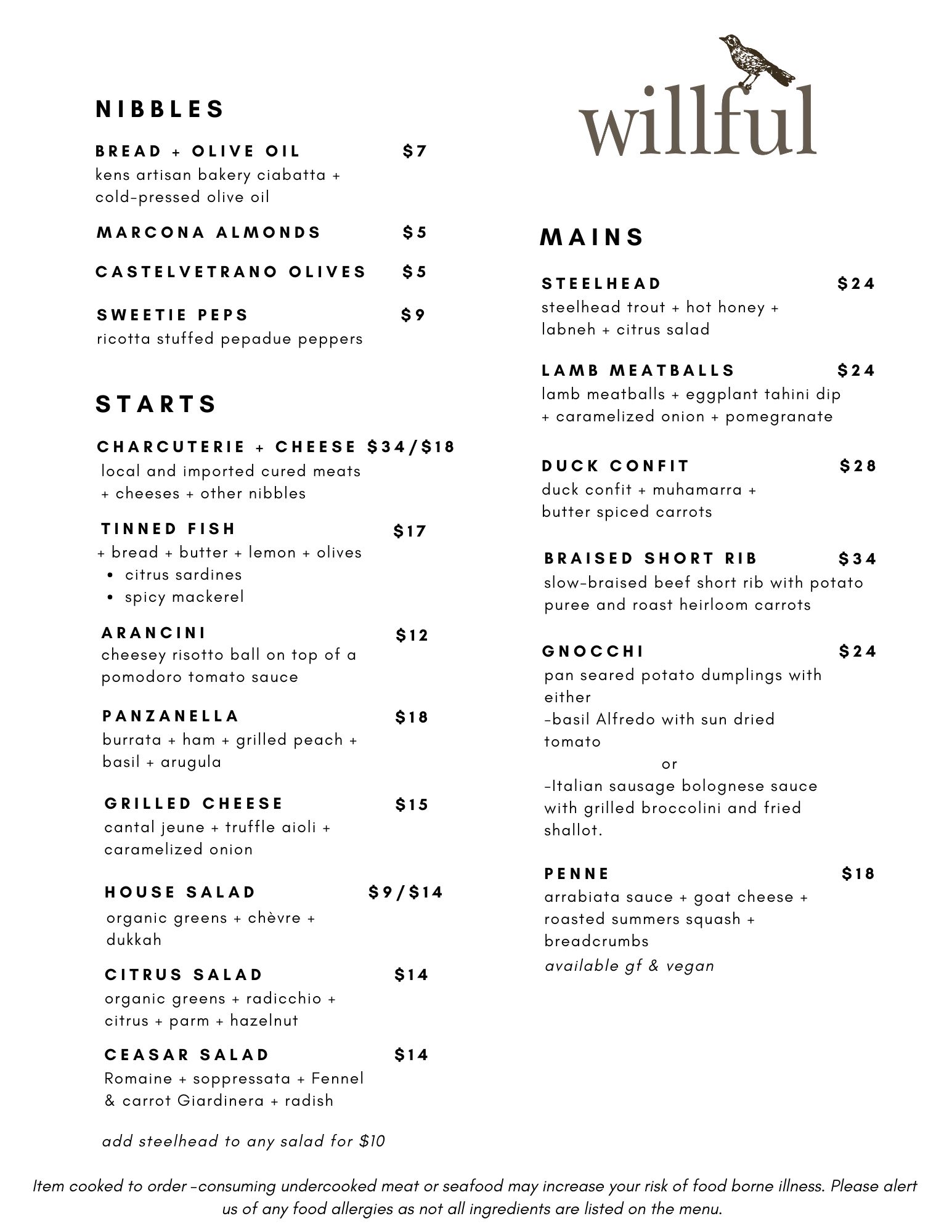 Willful Wine Co THE GRANT HOUSE GRANT HOUSE FOOD MENU