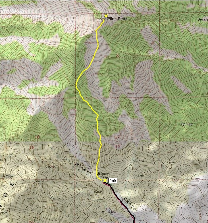 Pilot Peak Nevada climbing information and map