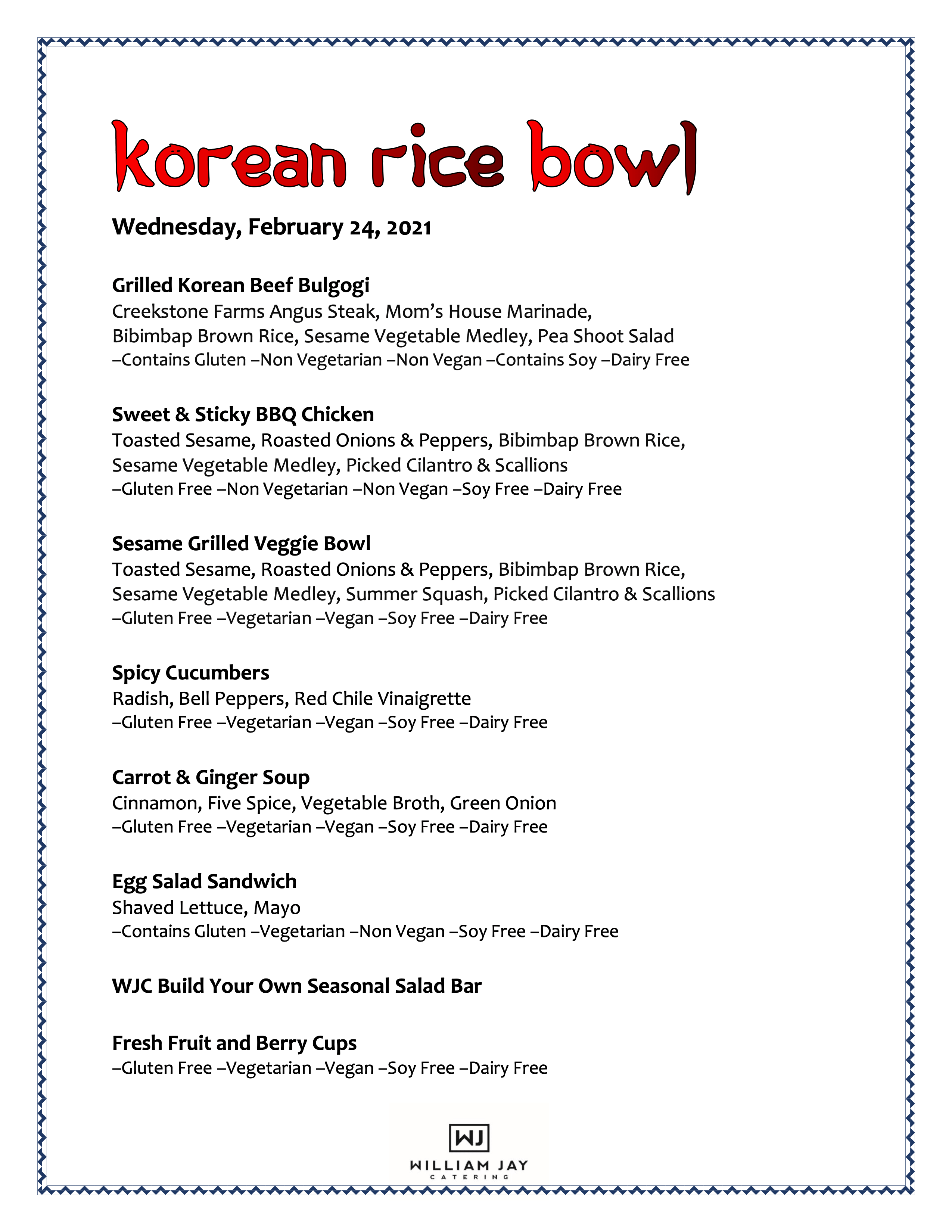 Sample Menus William Jay Catering Premium Corporate Catering