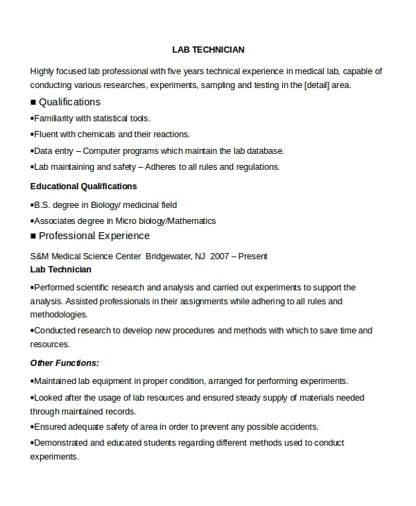 Lab Technician Resume format Word williamsonga.us