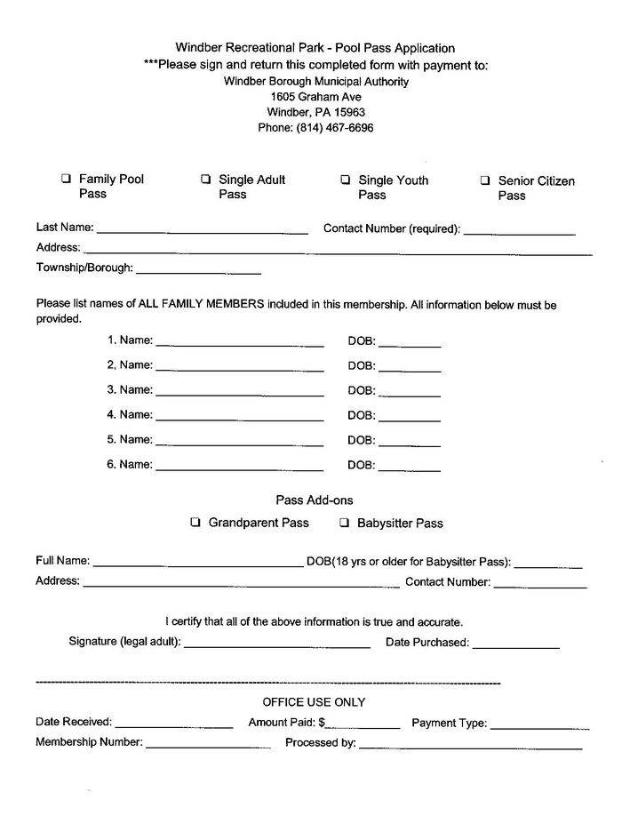 Windber Rec Park, Windber Borough Municipal Authority Windber, PA Pool Pass