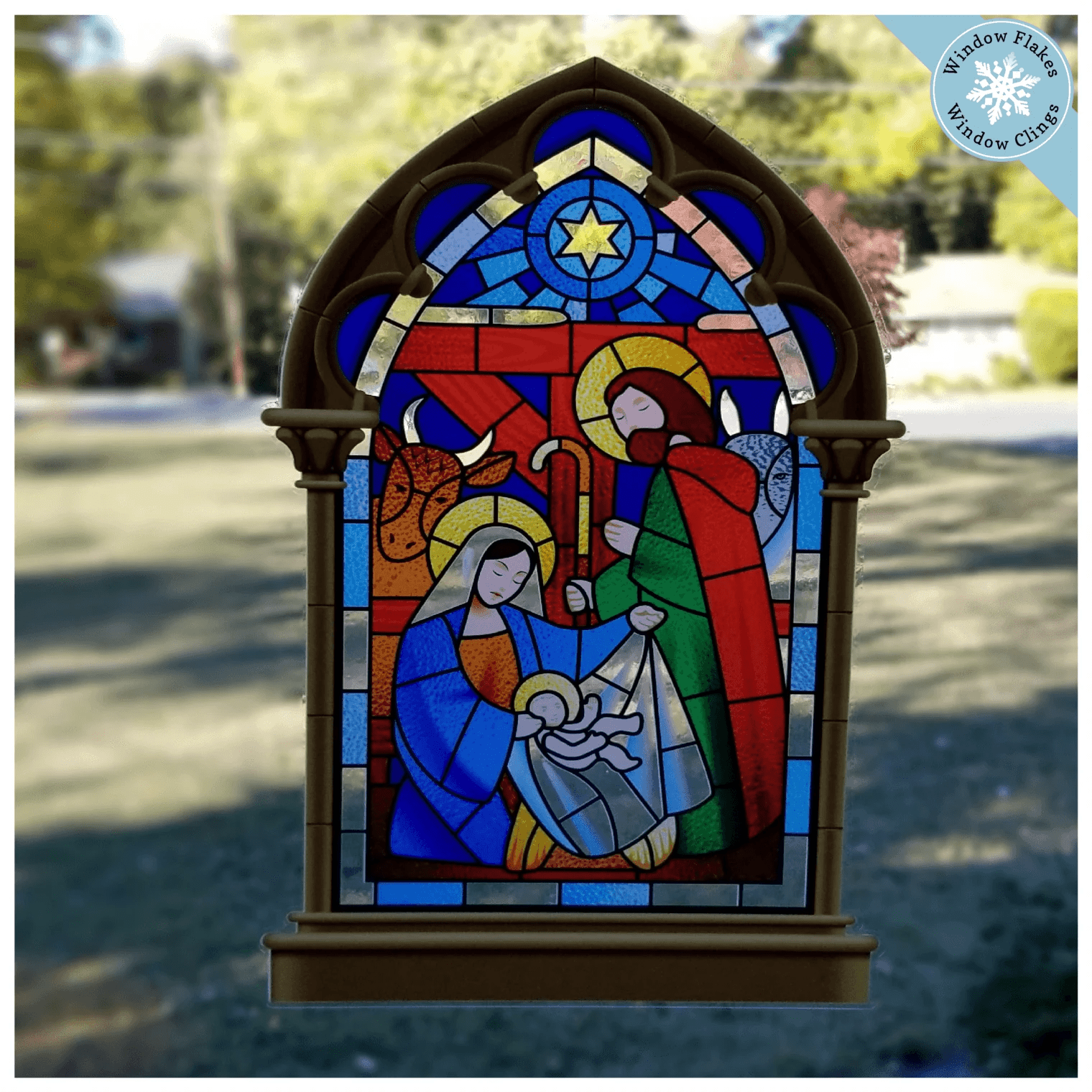 Stained Glass Nativity Scene Window Cling Window Flakes
