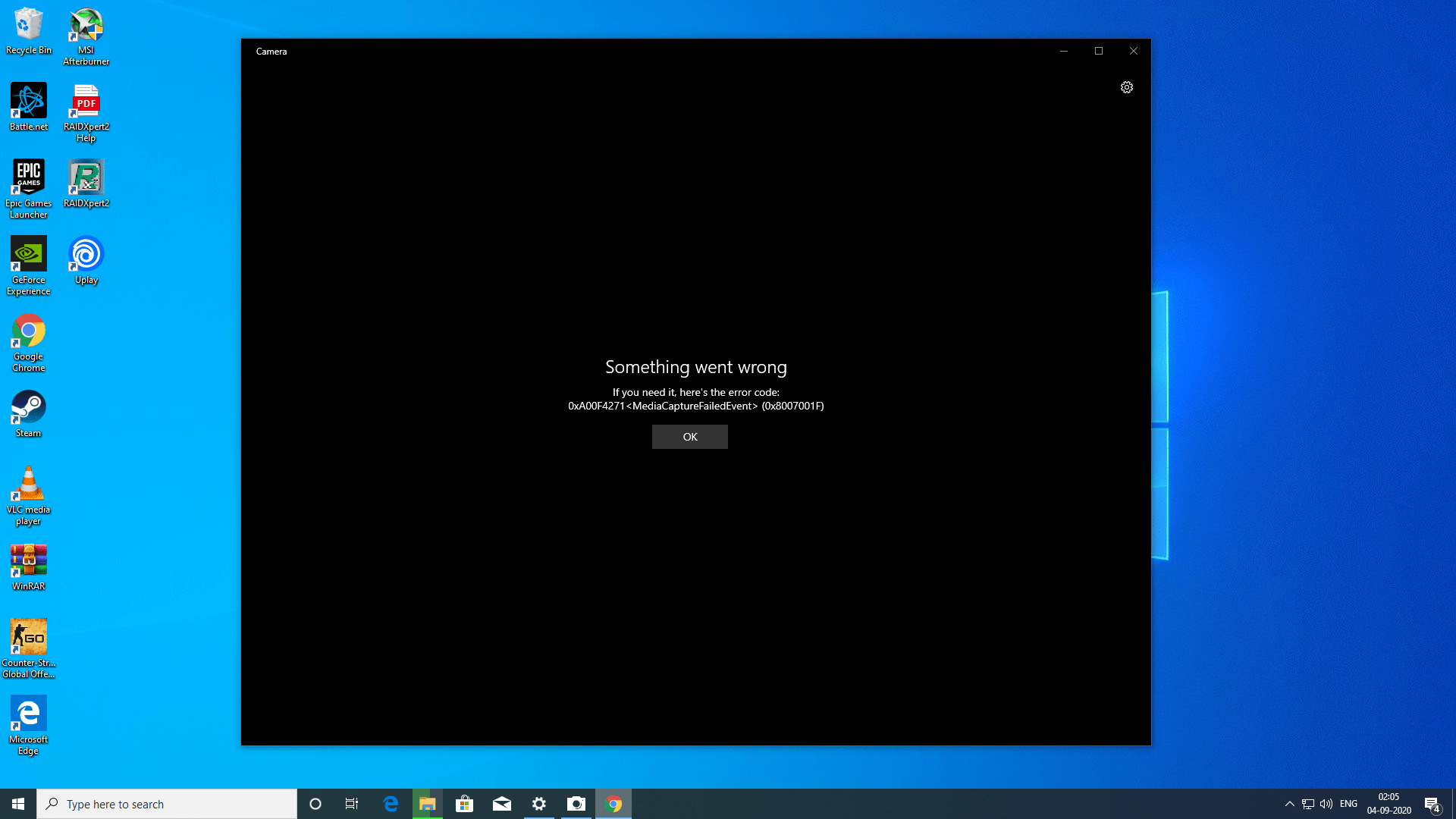 MediaCaptureFailedevent when open Camera App