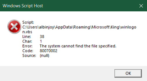 WANTED SOLUTION FOR windows script host error line 38 code 80070002