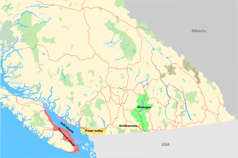 Map of Wine Regions in the British Columbia