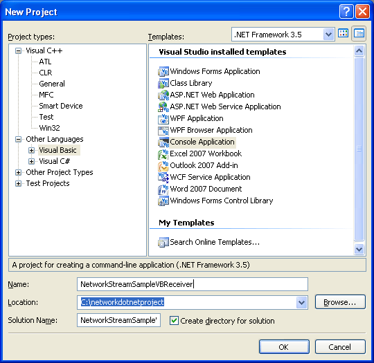 The program and project examples on NetworkStream class for C++ VB and C of the