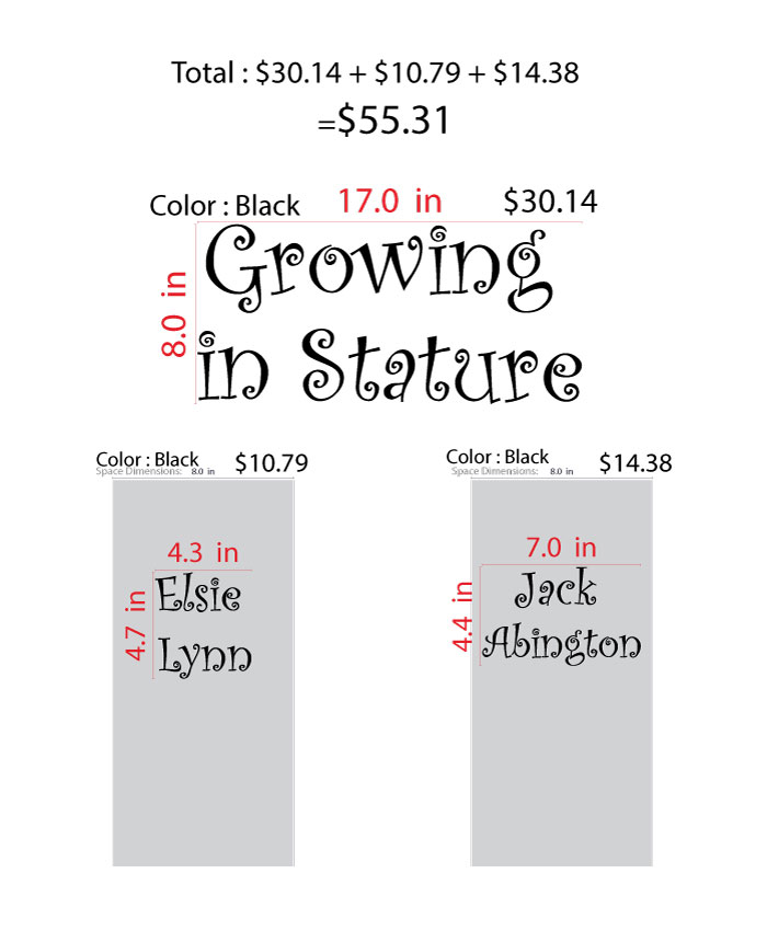 Custom decals for Clella Lee 1 Growing in Stature, 2Elsie Lynn, 3