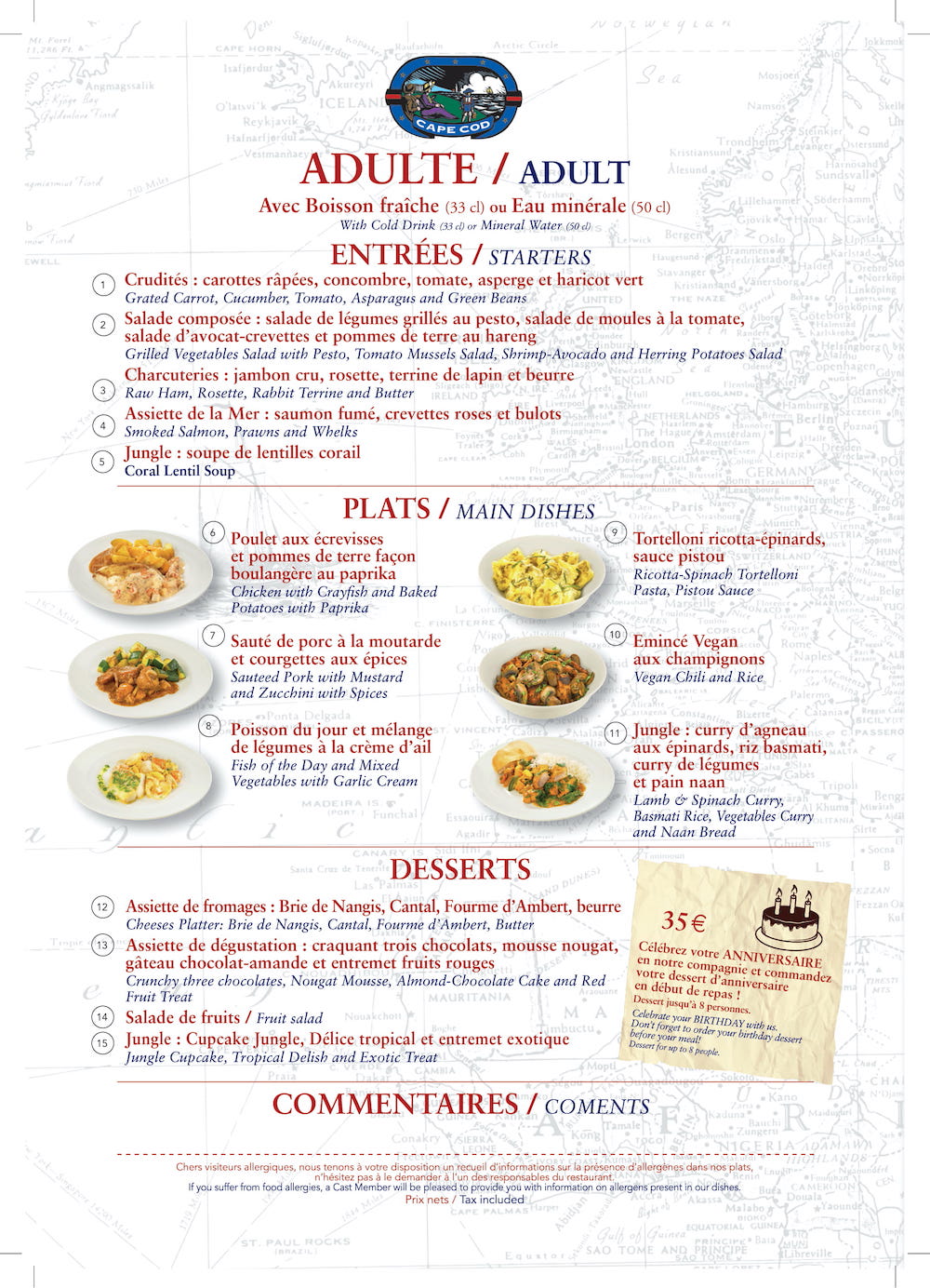 Menu du Cape Cod au Disney’s Newport Bay Club Restaurants / Menus Wish2Dream