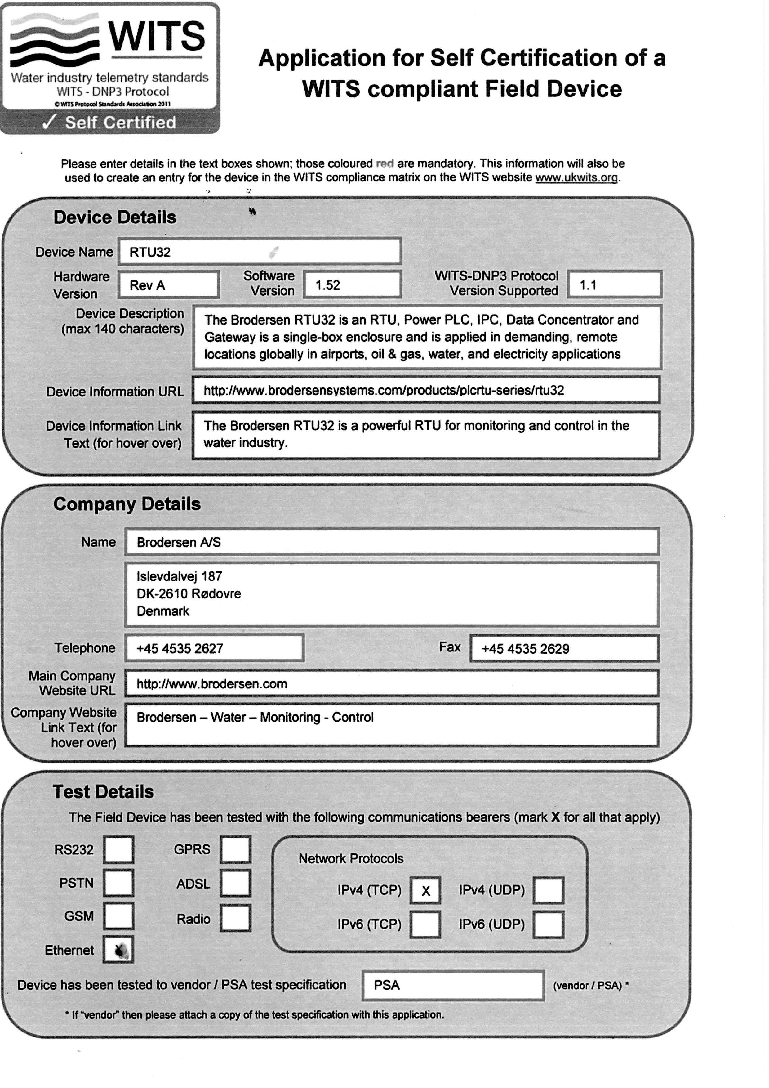 WITS Protocol Device catalogue