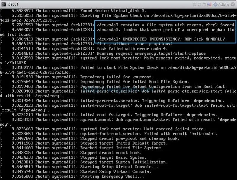 Failed to start File System Check on vCenter Server Appliance (vCSA