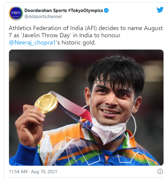 August 7 To Be Celebrated As ‘Javelin Throw Day’ In Honor