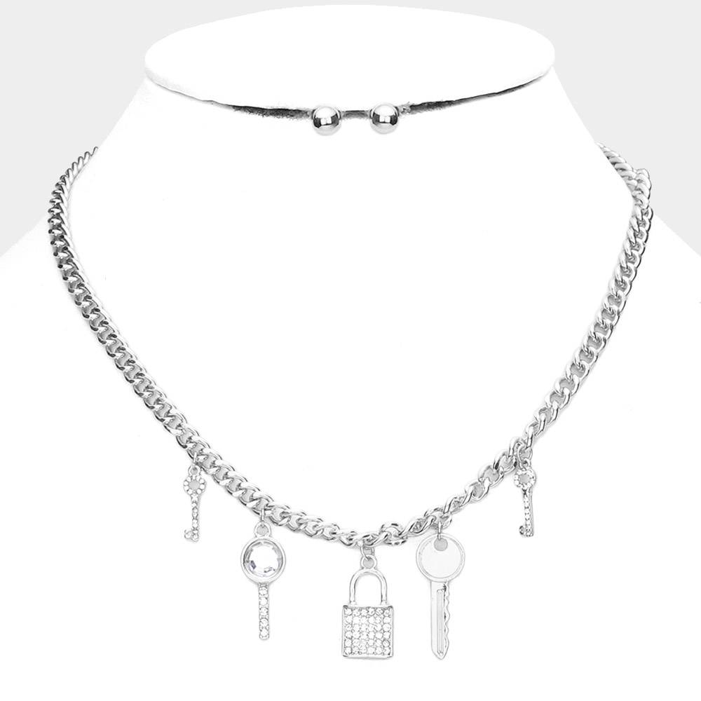 Rhinestone Embellished Key Lock Pendant Station Necklace