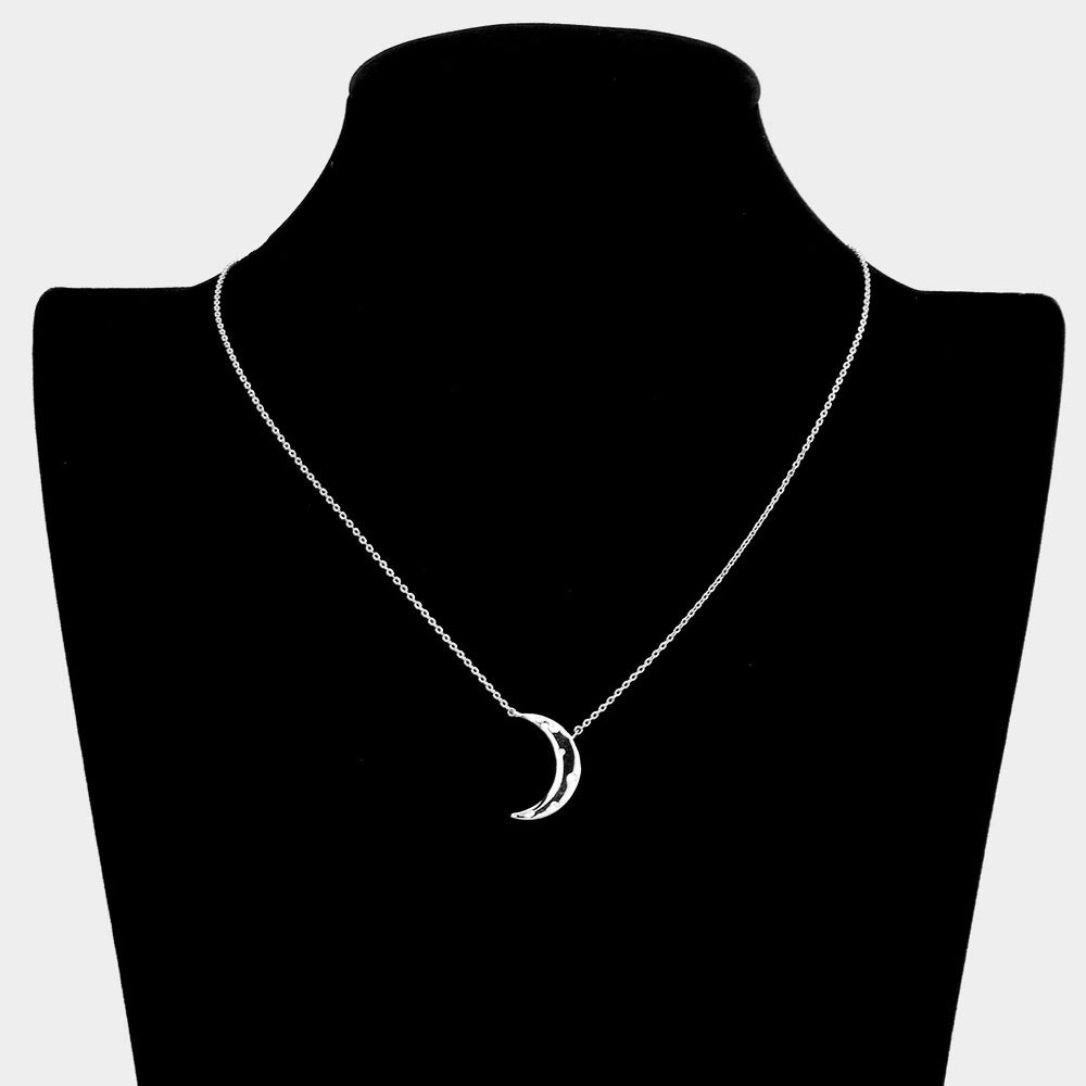 Rhinestone Embellished Brass Metal Crescent Moon Pendant Necklace