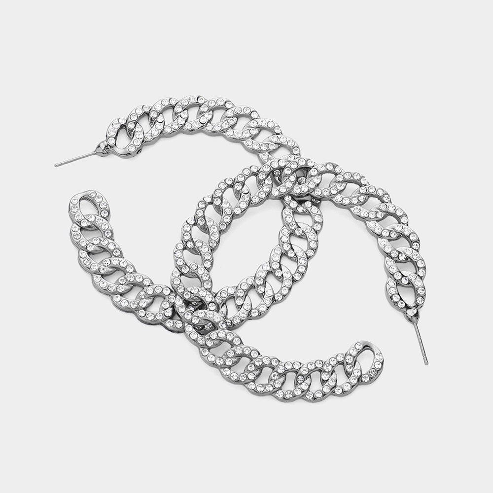 Rhinestone Embellished Metal Chain Hoop Earrings