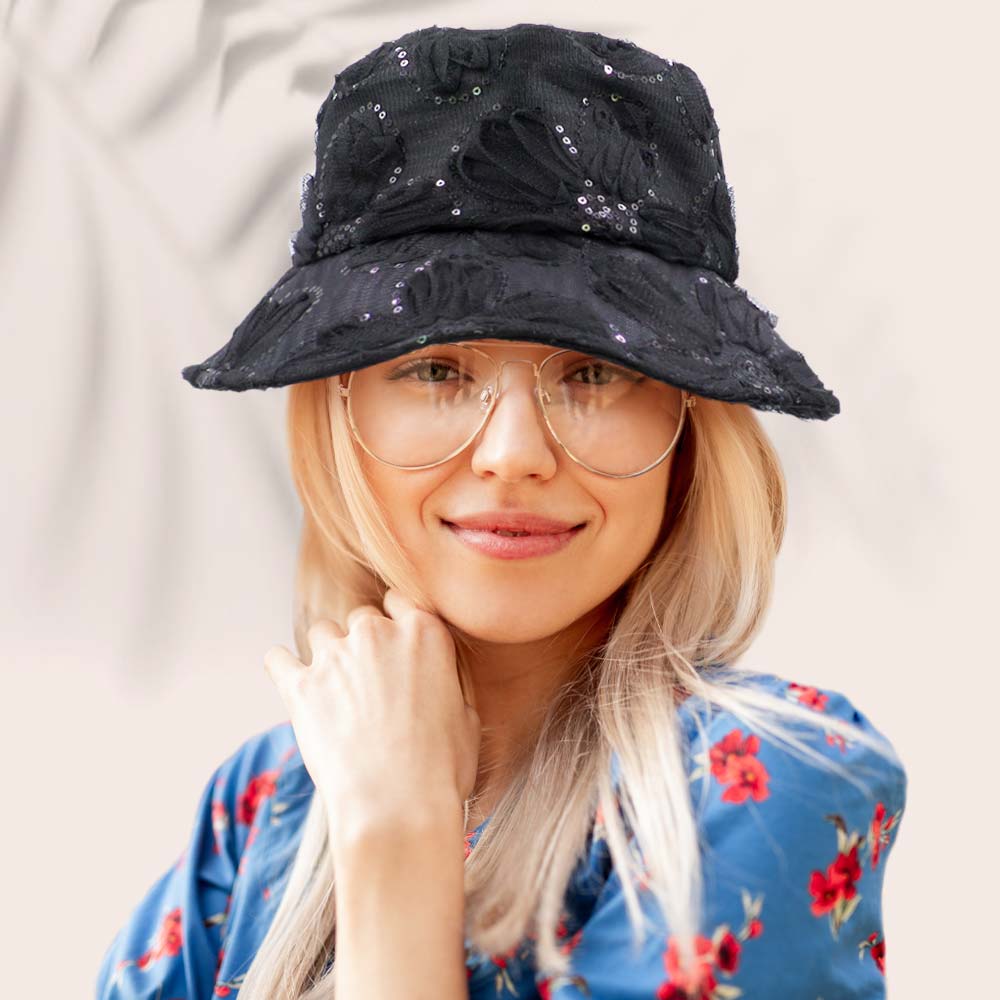 Sequin Embellished Flower Bucket Hat