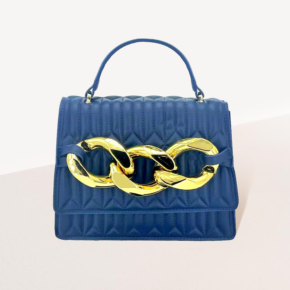 Chunky Metal Trim Accented Faux Leather Top Handle Crossbody Bag