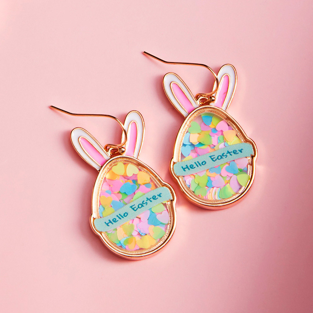 Hello Easter Message Confetti Egg Bunny Dangle Earrings