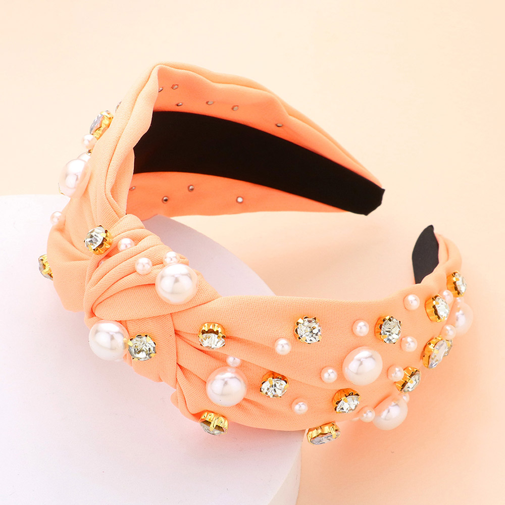 Pearl Round Stone Embellished Knot Burnout Headband