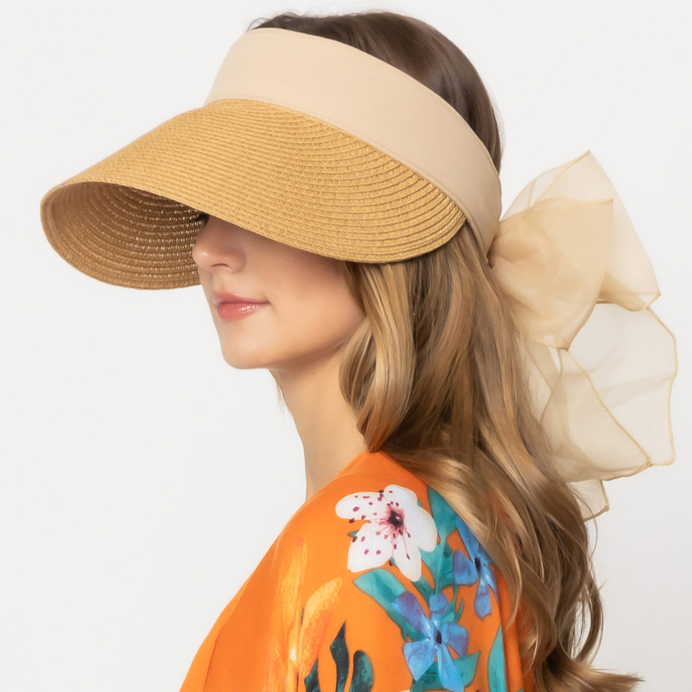 Bow Back Accented Straw Visor Sun Hat