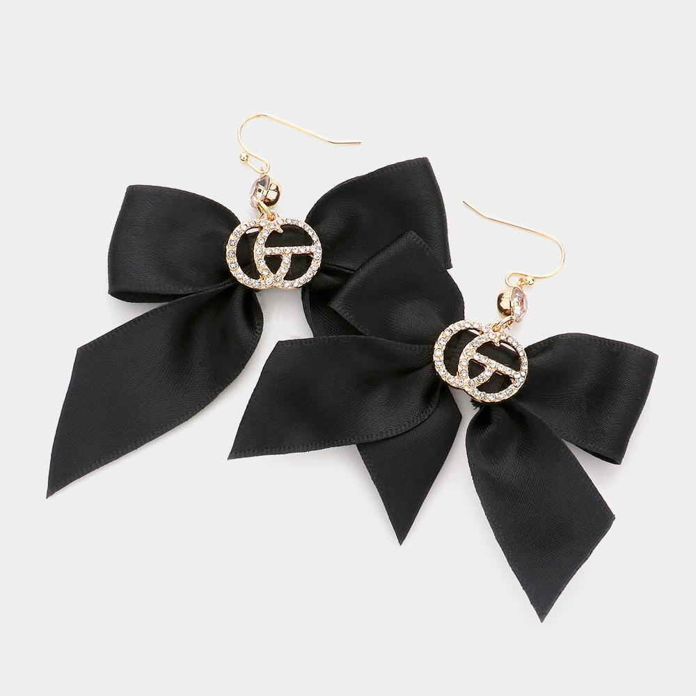 Rhinestone Embellished Metal Accented Fabric Bow Dangle Earrings