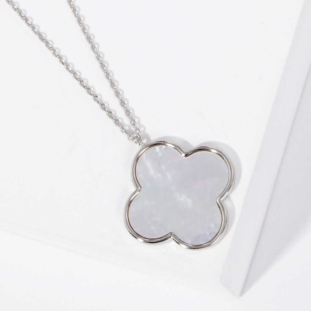 White Gold Dipped Mother of Pearl Quatrefoil Pendant Necklace