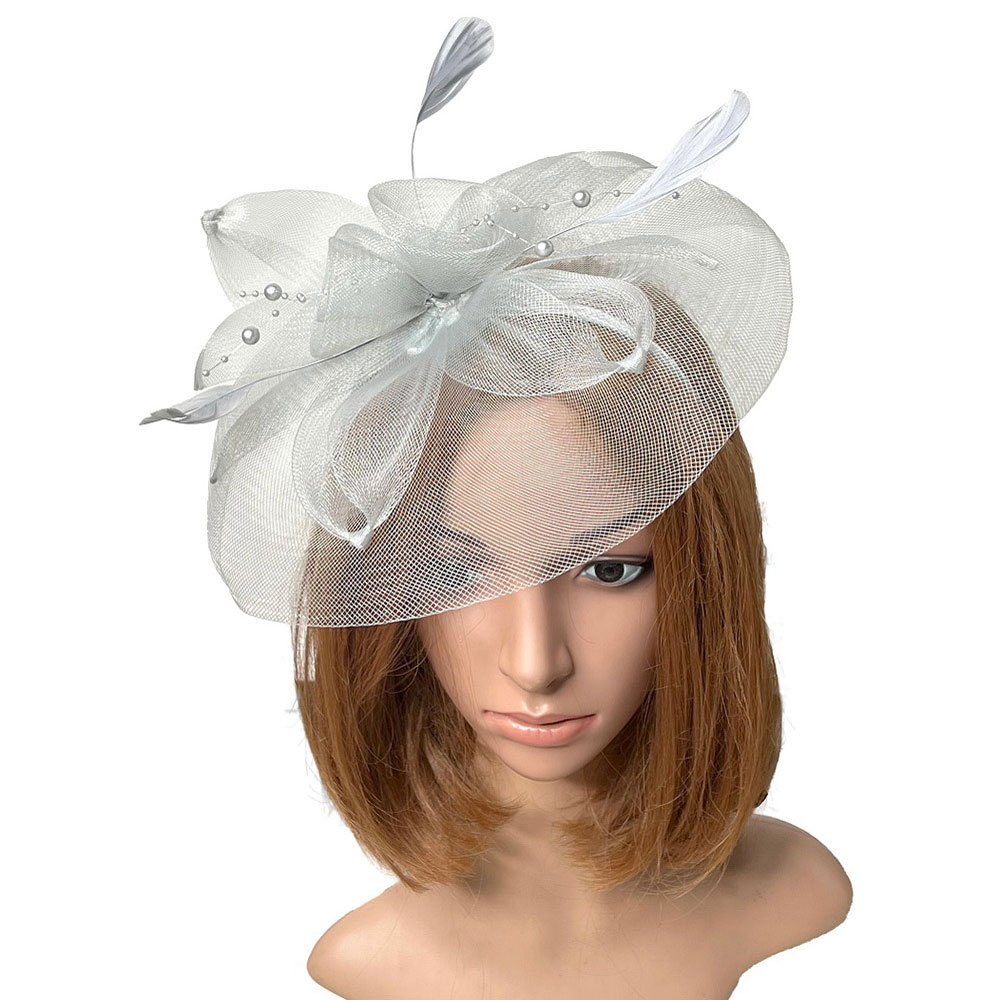 Mesh Flower Pearl Feather Fascinator / Headband