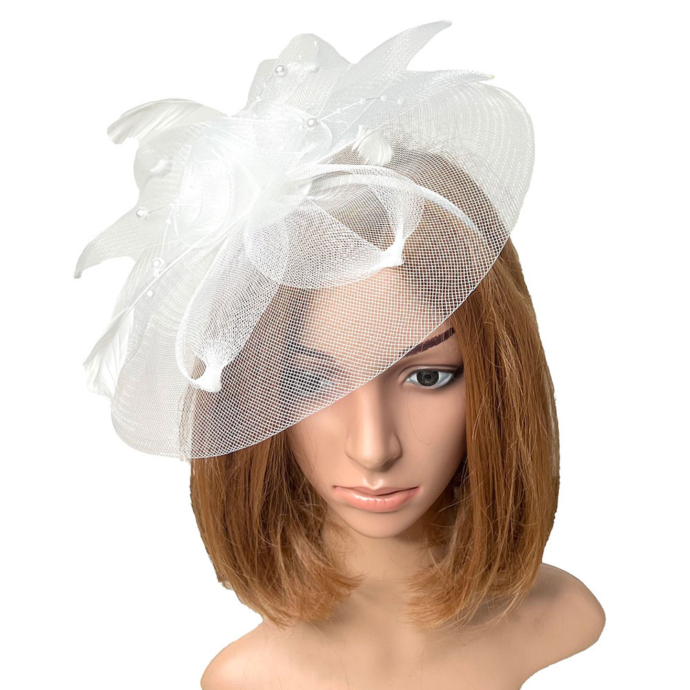 Mesh Flower Pearl Feather Fascinator / Headband