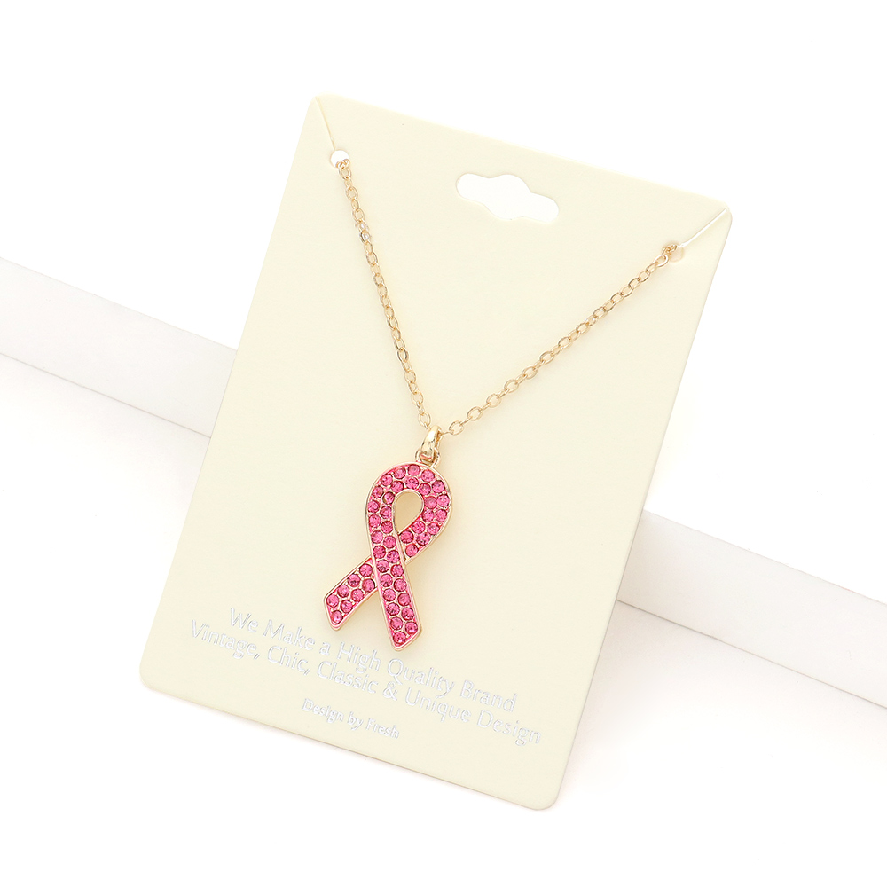 Rhinestone Embellished Pink Ribbon Pendant Necklace