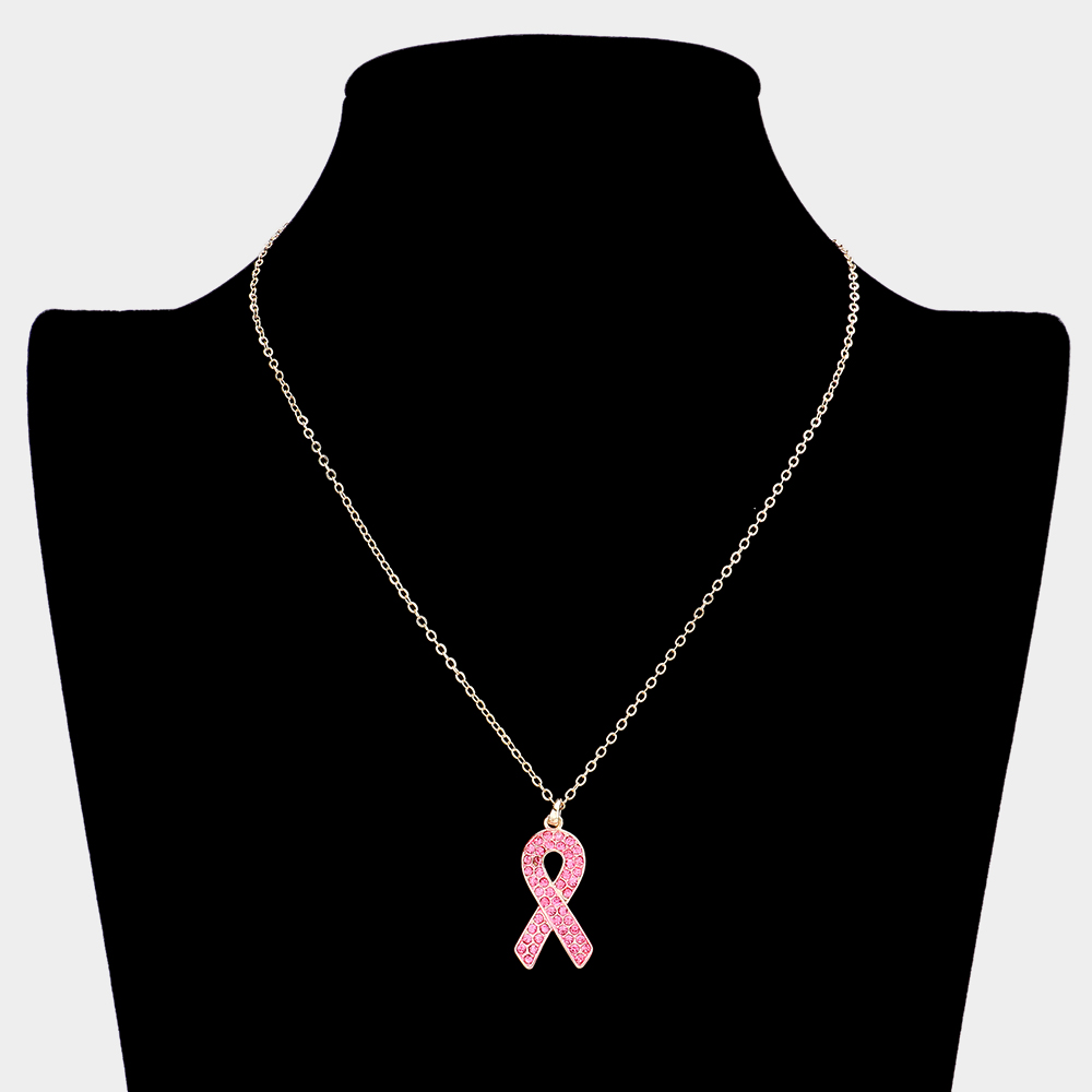 Rhinestone Embellished Pink Ribbon Pendant Necklace