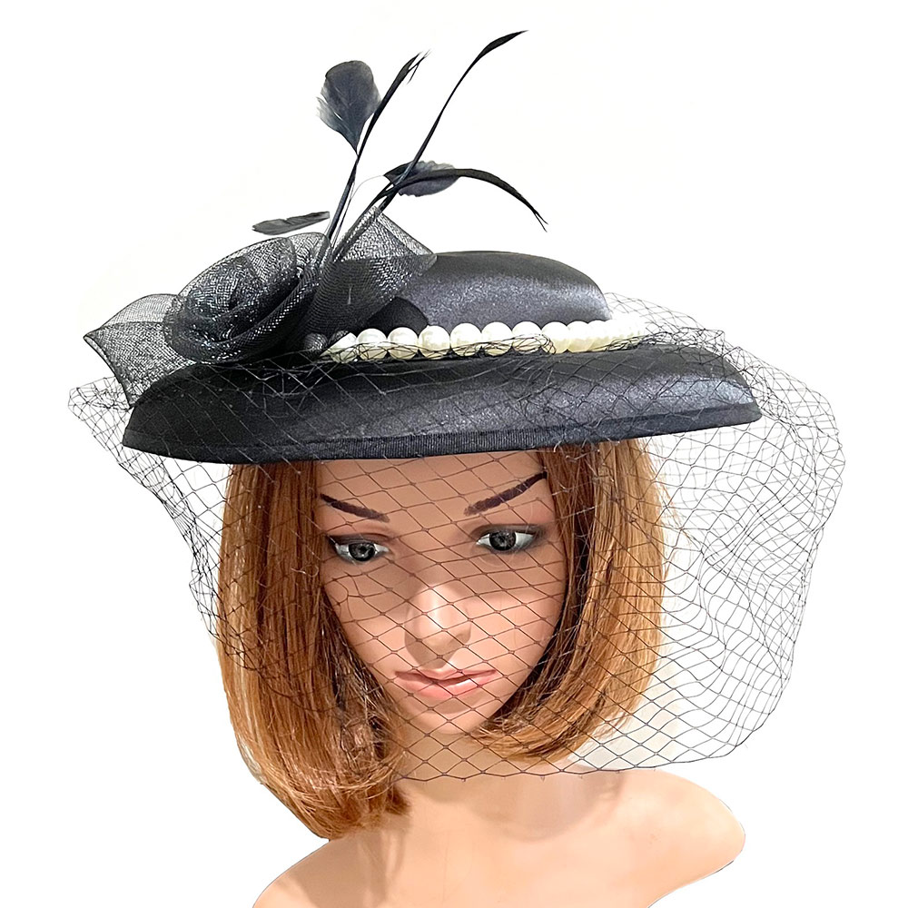 Mesh Flower Feather Pearl Trimmed Fascinator / Headband