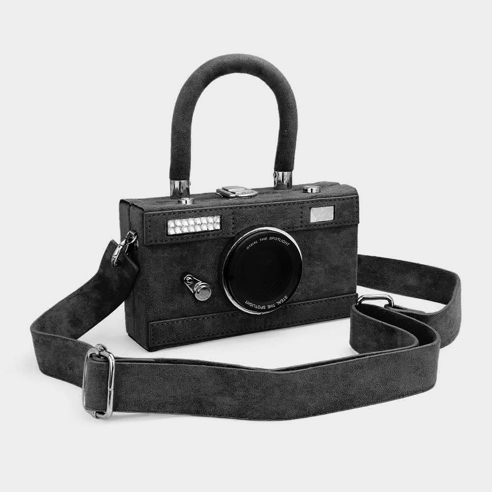 Camera Shaped Faux Suede Box Crossbody Bag