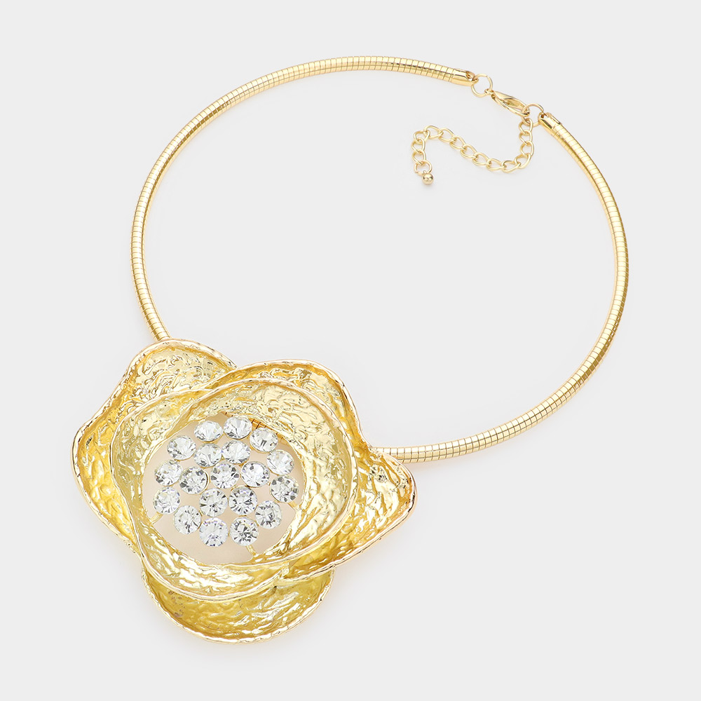 Stone Embellished Metal Flower Necklace
