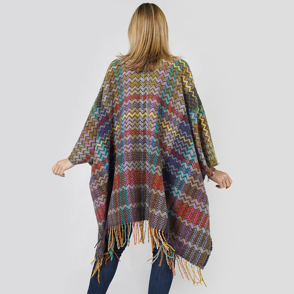 Zigzag Chevron Patterned Tassel Poncho