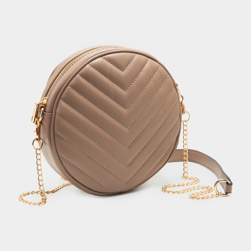 Chevron Patterned Faux Leather Round Crossbody Bag