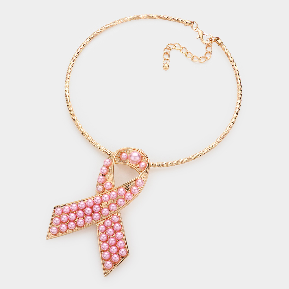 Pearl Pink Ribbon Pendant Choker Necklace