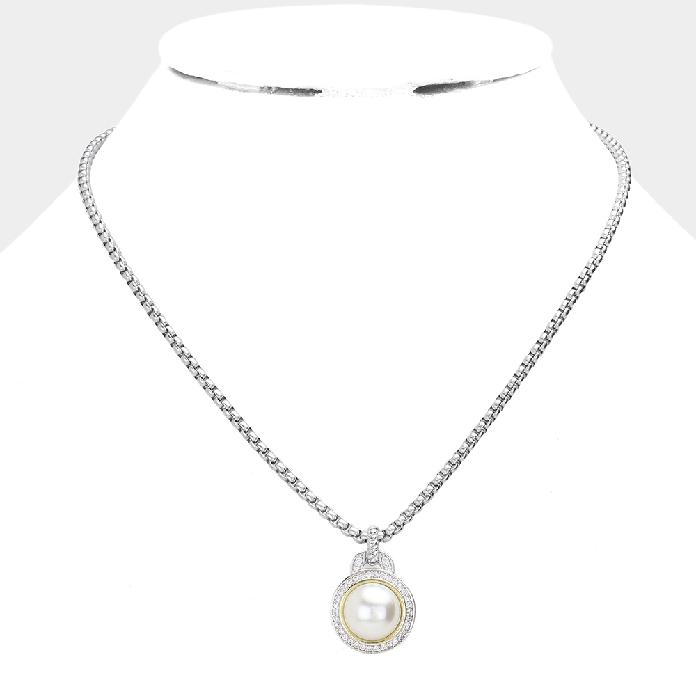 CZ Stone Embellished Pearl Pendant Necklace