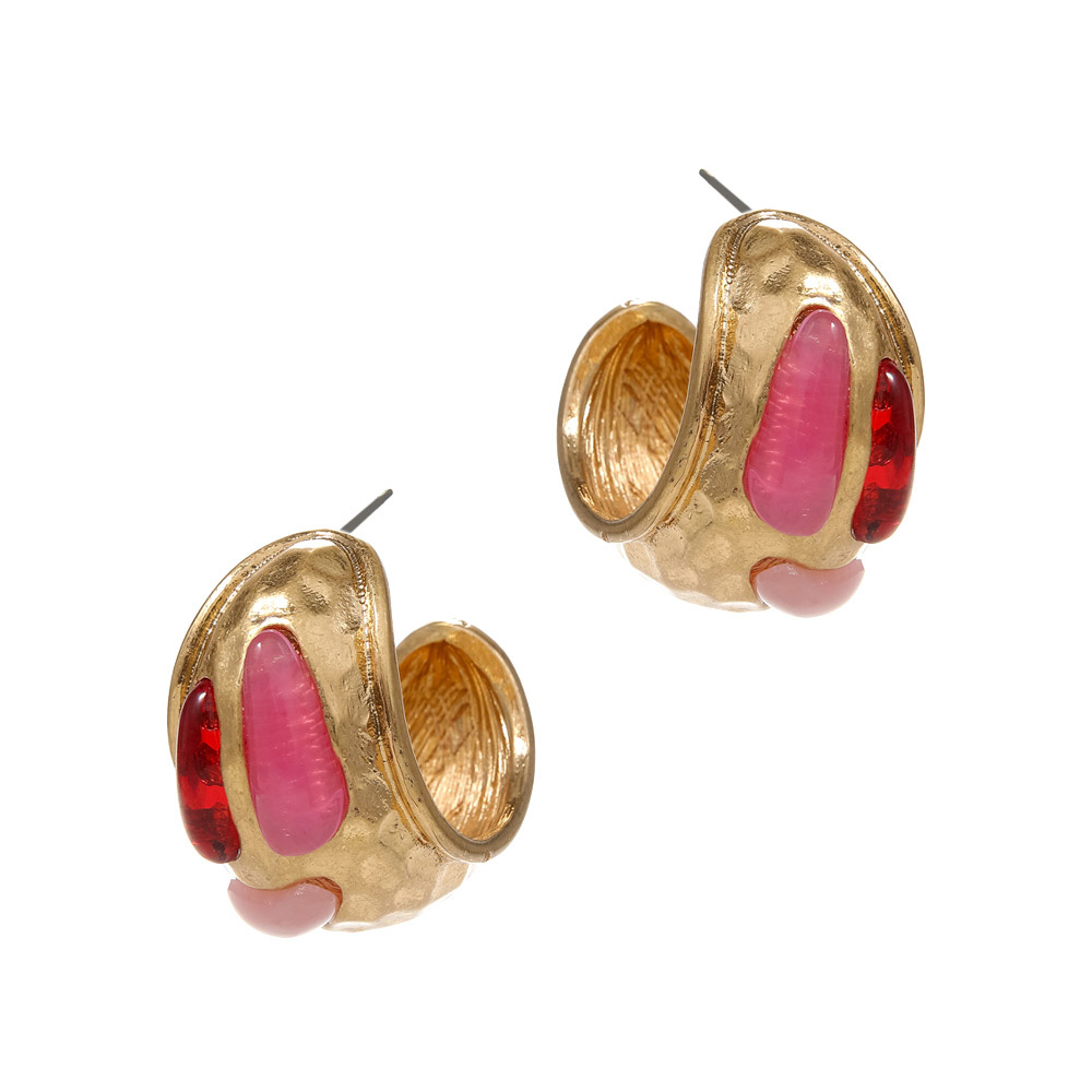 Natural Stone Accented Hammered Metal Hoop Earrings