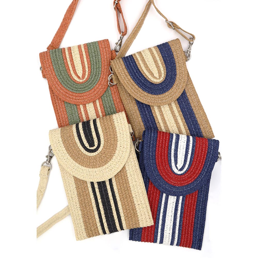 Striped Pattern Straw Cellphone Crossbody Bag