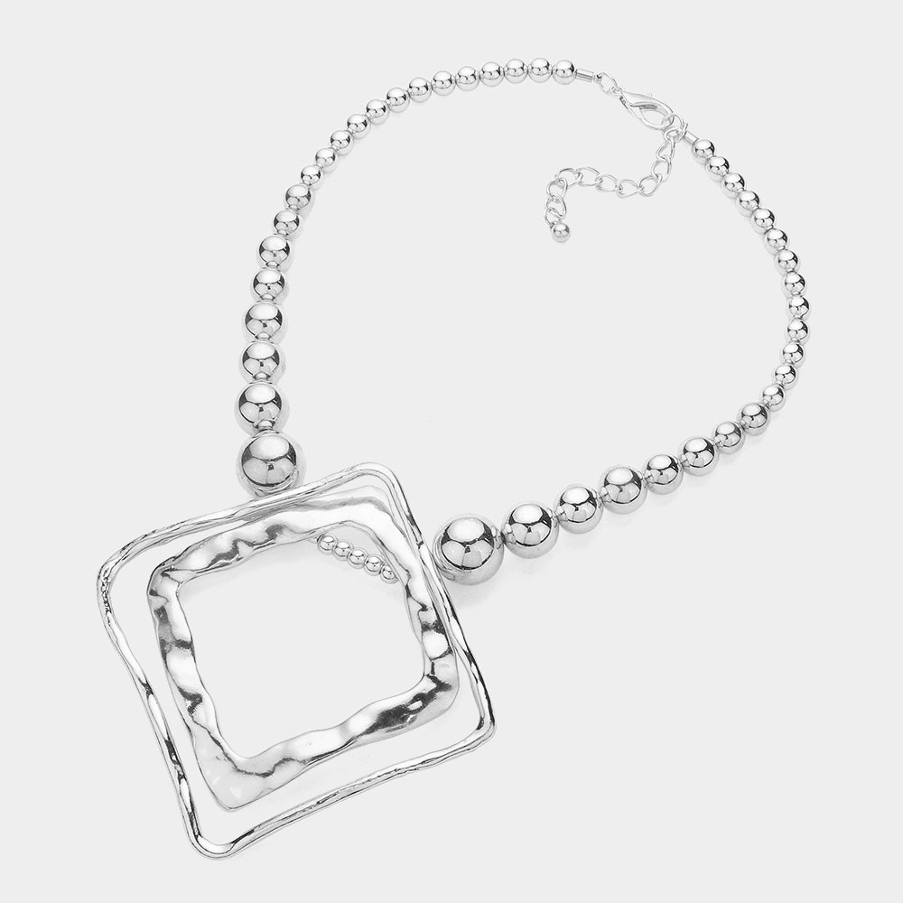 Textured Metal Open Square Pendant Chunky Ball Chain Statement Necklace