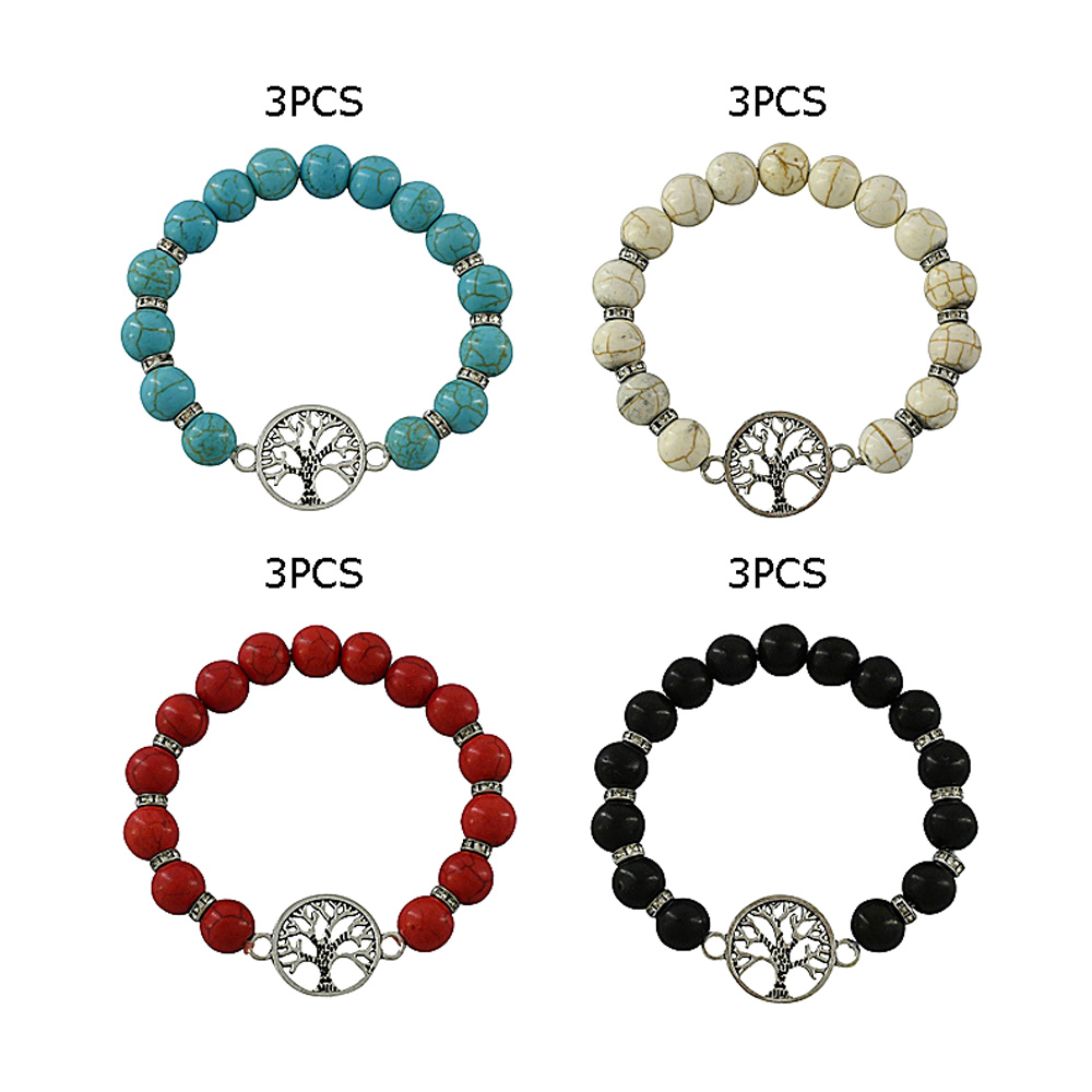 12PCS Tree Of Life Pointed Natural Stone Stretch Bracelets