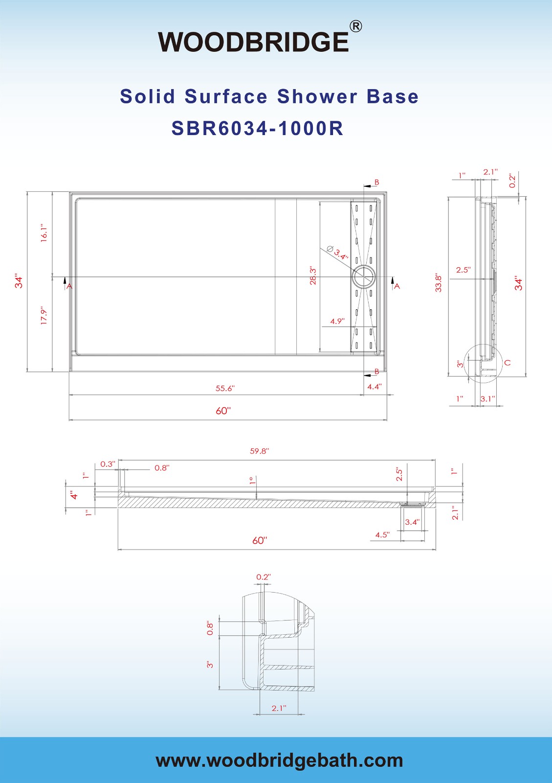 ᐅ【WOODBRIDGE SBR60341000R Solid Surface Shower Base with Recessed